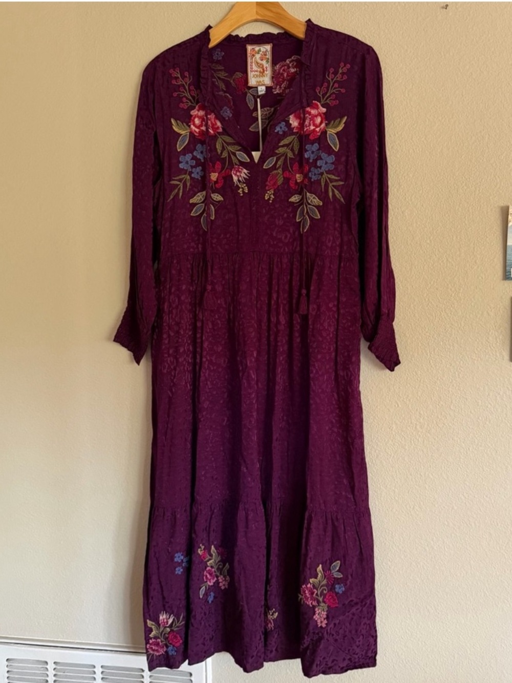 Johnny Was Sassiba Smocked Sleeve Tiered Midi Dress Aubergine Purple Size Small